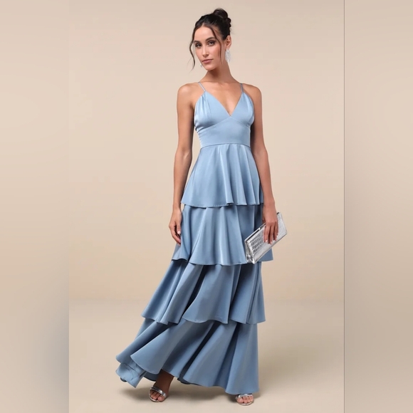 Lulus Going with Elegance Slate Blue Satin Tiered Gown Wedding Party Prom Formal - Picture 2 of 8